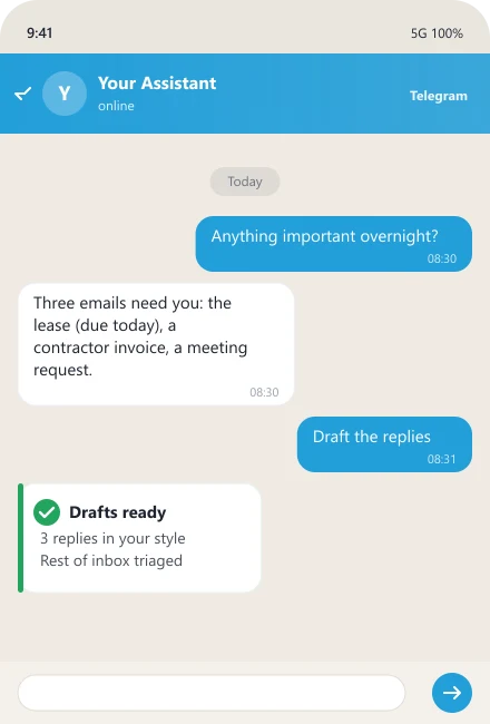 AI secretary triages overnight email and drafts replies for the executive