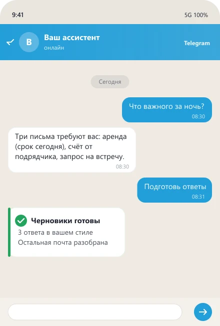 ИИ-секретарь разбирает почту за ночь и готовит черновики ответов руководителю