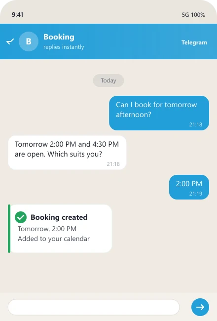 Bot finds a free slot and books the client — online appointment booking