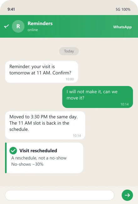Bot reschedules the visit instead of a no-show and frees the slot