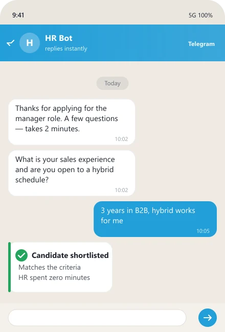 AI recruiter screens a candidate in chat — hiring automation