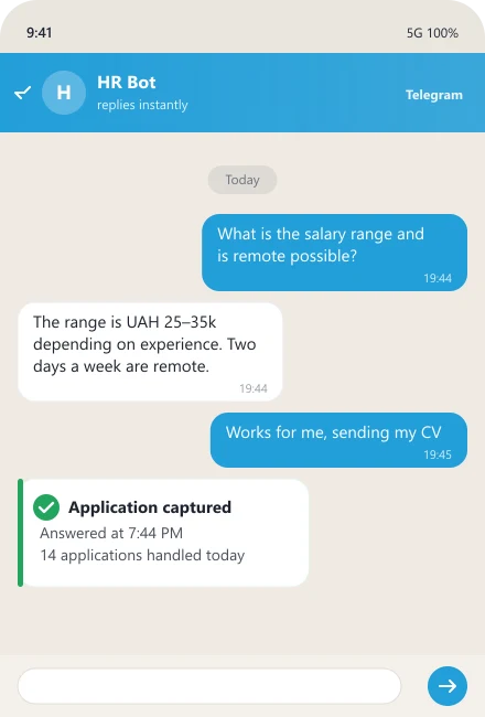 Bot answers a salary-range question in the evening — application not lost