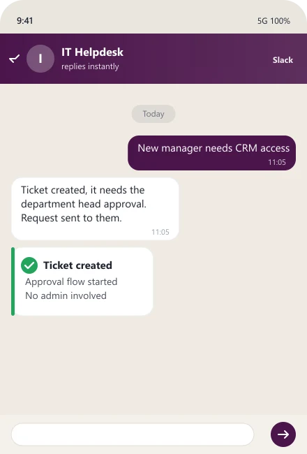 AI helpdesk creates a CRM access ticket and starts approval