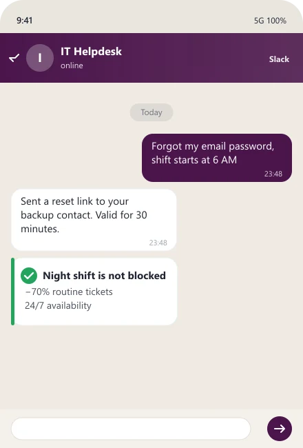 AI helpdesk resets an employee password at night before the shift