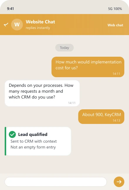 Website chatbot qualifies a visitor and sends the lead to CRM