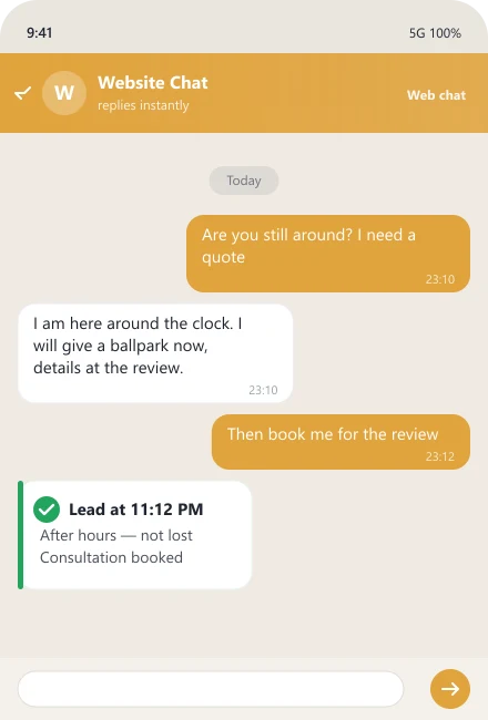 Website chatbot captures a lead at 11:12 PM after hours