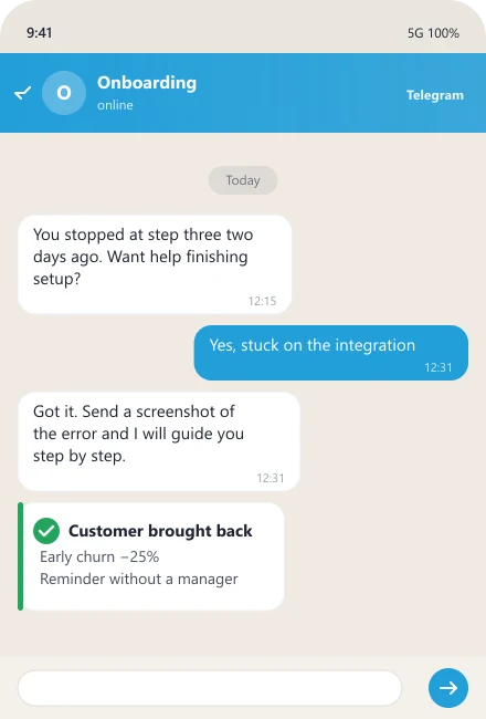 Bot re-engages a customer stuck on setup step three