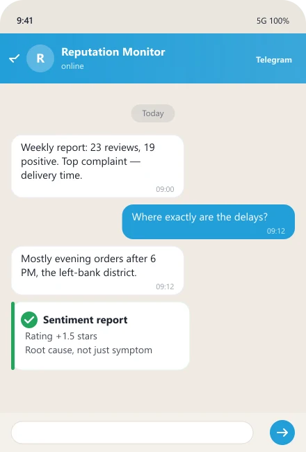 Weekly review sentiment report with the root cause of complaints
