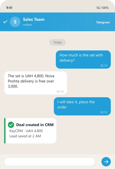 AI agent answers a price question at night and creates a CRM deal — sales in messengers