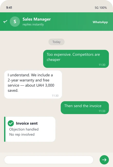 Bot handles the "too expensive" objection and sends an invoice — AI sales manager