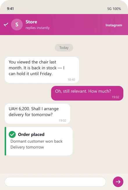 Bot wins back a dormant customer and places an order in Instagram