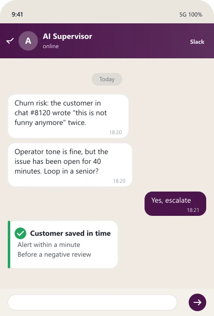 AI supervisor catches a churn risk and suggests escalation