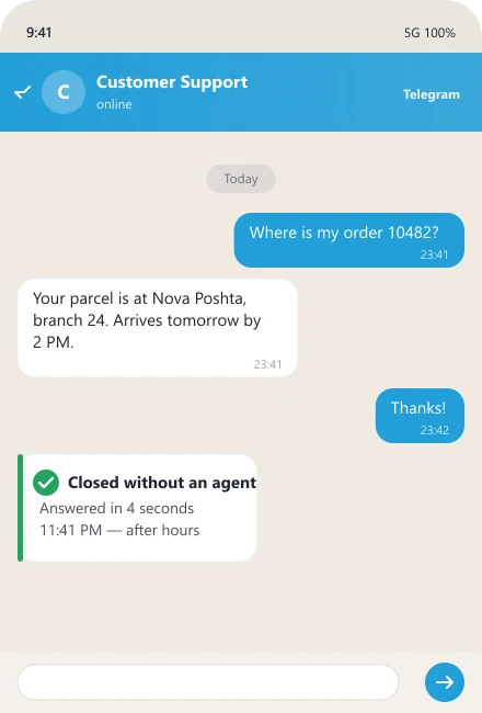 Bot answers an order-status question at 11:41 PM without an agent — customer support automation