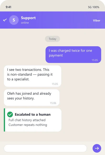 Bot escalates a complex case to a human with full chat history — support handover