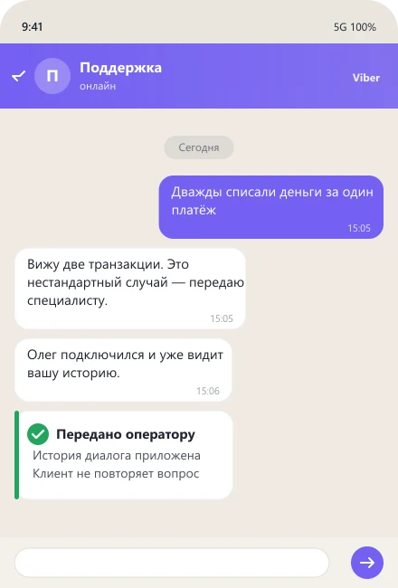Бот передаёт сложный случай оператору с историей диалога — эскалация в поддержке