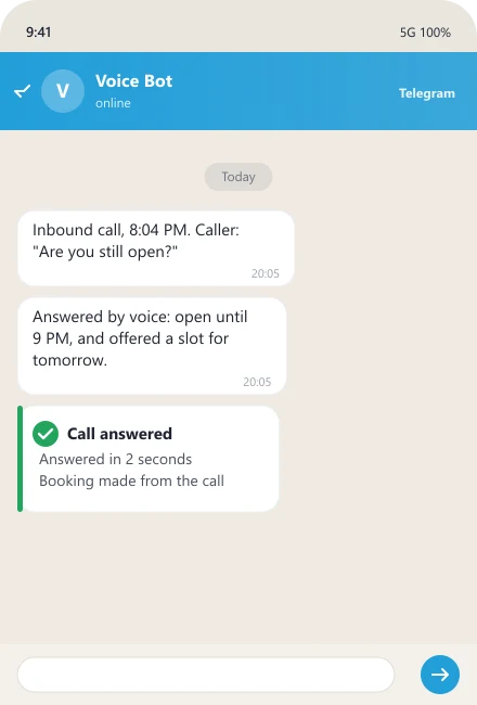 Voice bot answers an evening inbound call and creates a booking